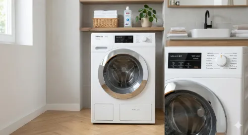 Een close-up van de TwinDos reservoirs in een Miele wasmachine.